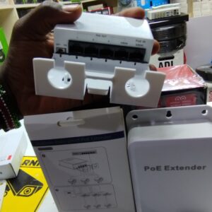 POE Extender 5 Port Outdoor Waterproof, 1 input, 4 output, 250-300m range, dust & rain protection. Plug & play, LED indicators. Price: 3,000 Ksh