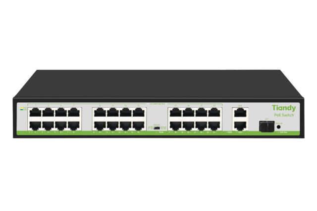Tiandy 24 Port POE Switch offers 24 PoE ports, 10.8Gbps bandwidth, and 2 Gigabit uplink ports. Price KSh 18,000 available at Gadget Bay, Benjoe House CBD